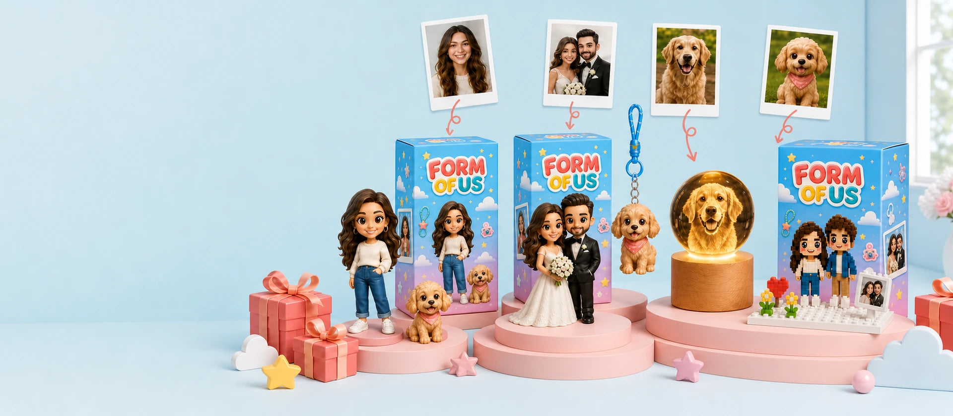 Photos transformed into FORM OF US figurines, a pet keychain, crystal globe and building-block keepsake