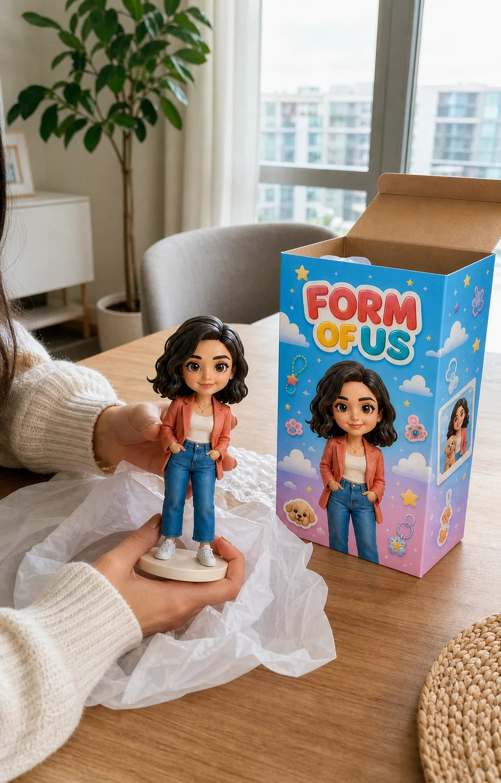 A FORM OF US custom figurine being unboxed at home