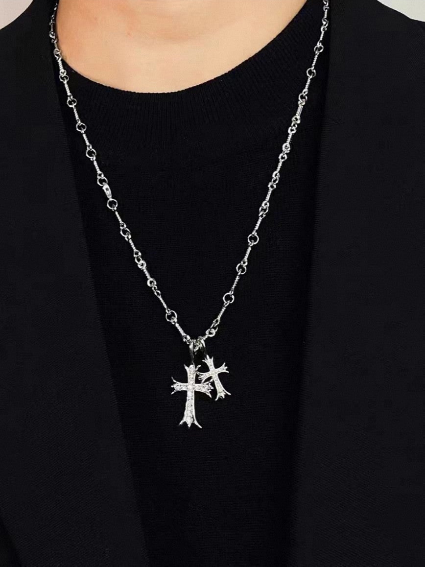 Luxury 18K Gold Plated Double Cross Pendant Necklace with VVS Moissanite Diamonds, Premium Heavy Bamboo Link Chain