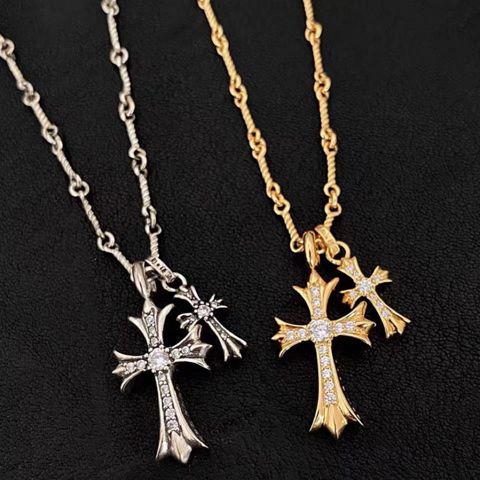 Luxury 18K Gold Plated Double Cross Pendant Necklace with VVS Moissanite Diamonds, Premium Heavy Bamboo Link Chain