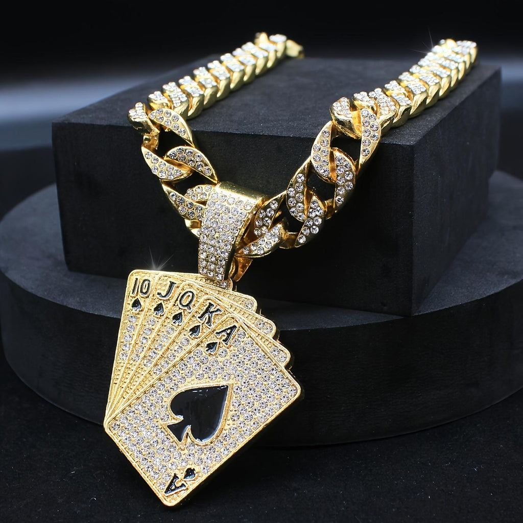 Hip Hop Men's Full Diamond Playing Card Same Flower Shun Cuban Necklace Pendant, Comes with Exquisite Gift Box