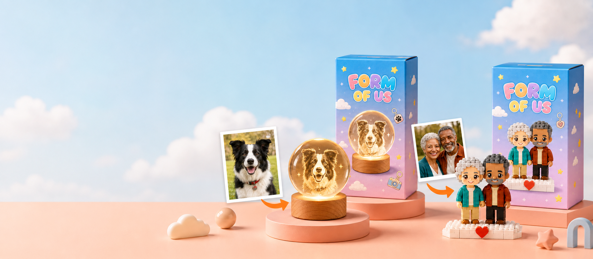 A border collie photo transformed into an illuminated crystal globe and an older couple transformed into custom building-block figures, both with FORM OF US packaging