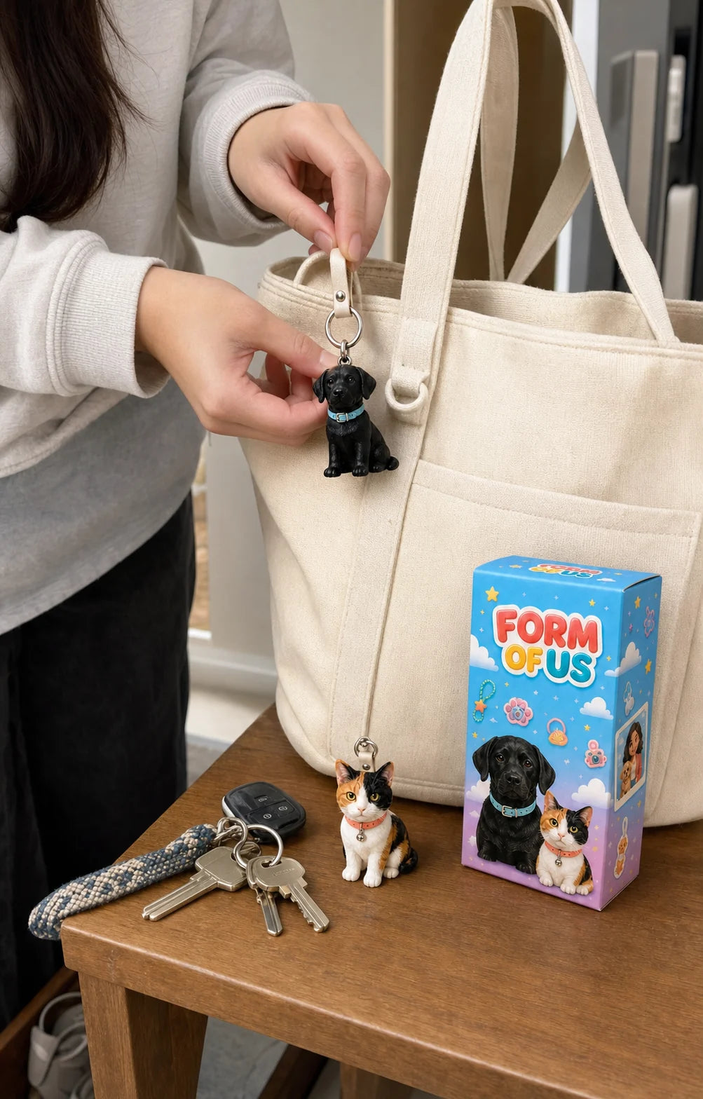A custom pet figurine keychain clipped to an everyday tote bag