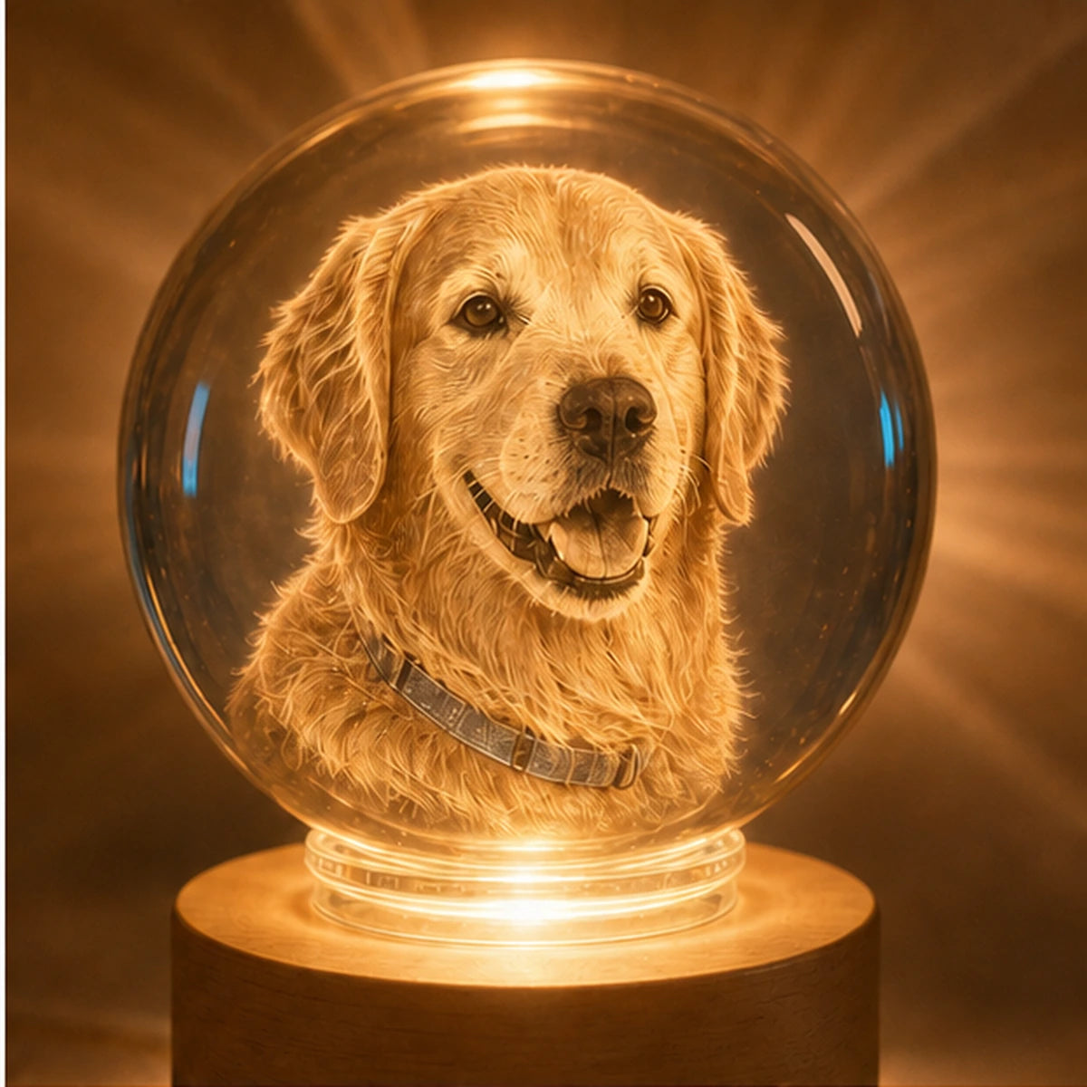 An illuminated crystal globe created from a pet photo